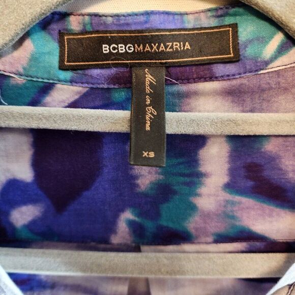 BCBG MAXAZRIA BLUE PURPLE GRAY TIE-DYE SHEER TOP SIZE XS LONG SLEEVE COLORFUL - Picture 3 of 9